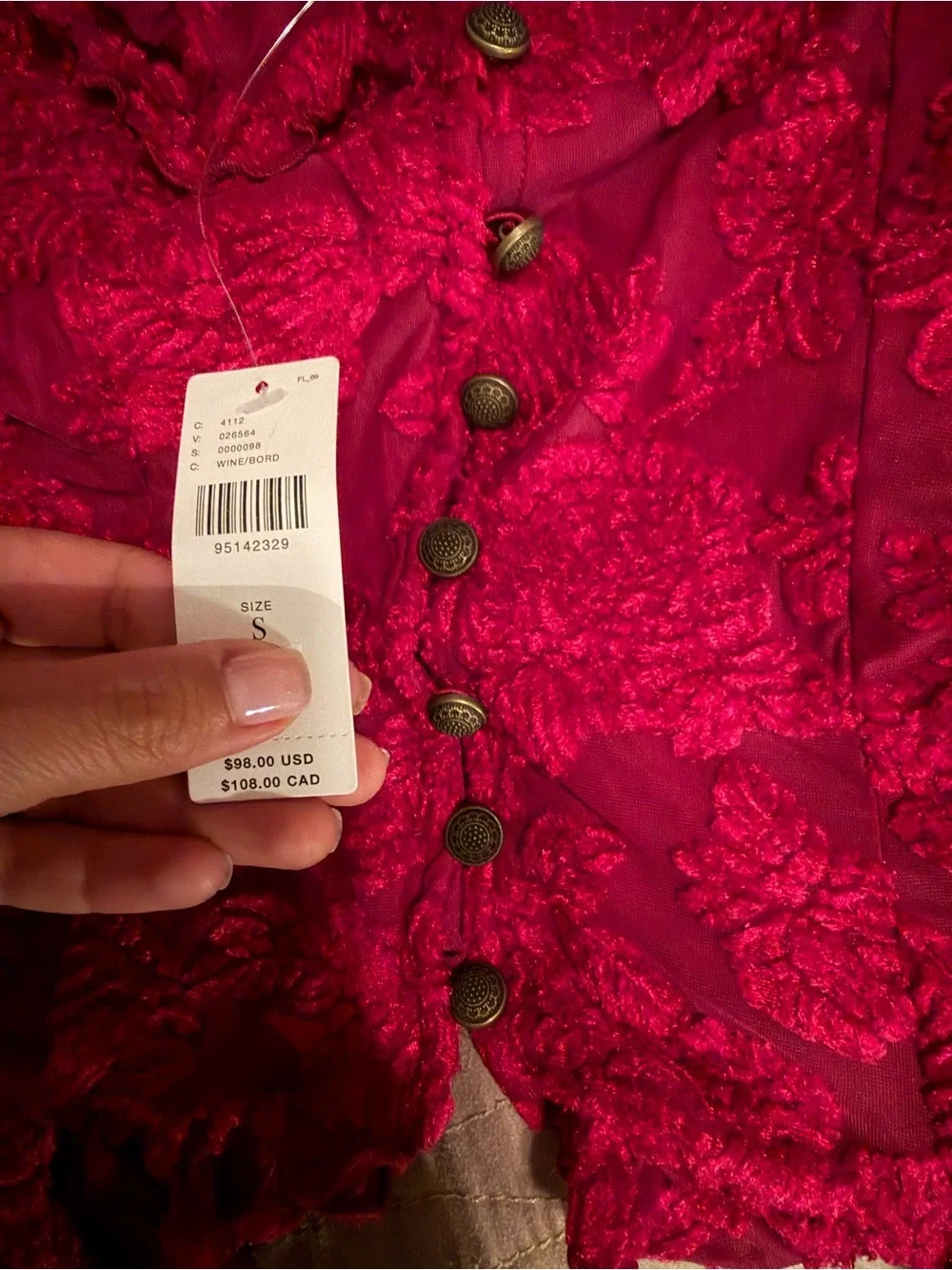 Anthropologie Red Textured Lace Puff-Sleeve Crop Blouse